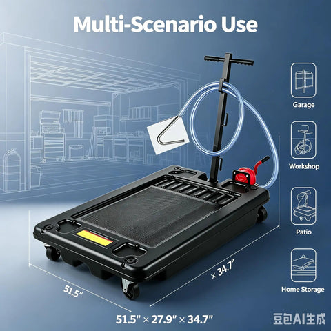 Heavy Duty 17 Gallon Low Profile Oil Drain Pan With Hand Pump Hose For Auto Shop Garage Fluid Collection Tank with wheels and hose.