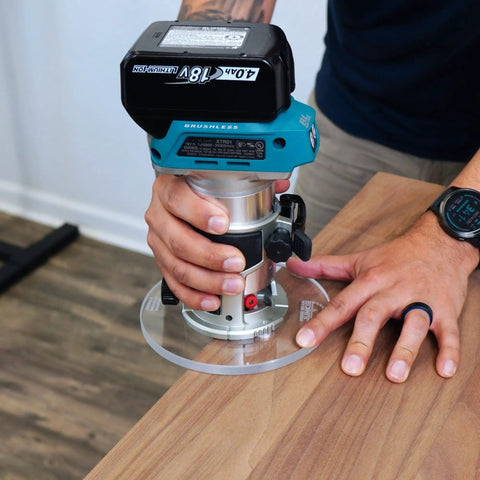 Top Shelf 6 Inch Round Router Base Plate For Makita Rt0701c And Xtr01z Compacts with a router in use on wood.