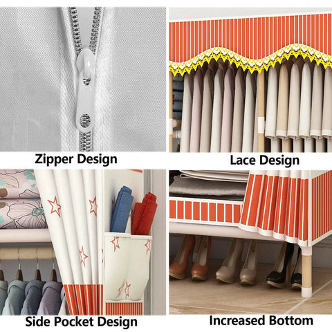 Gotta Love This Portable Canvas Wardrobe Folding Storage Organizer With Steel Rod Breathable Fabric Clothes Closet features zipper, lace, side pocket, and increased bottom designs.