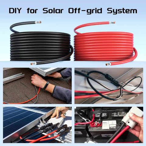 Heavy Duty Solar Panel Wire Set 50 Ft Black And Red 10 AWG PV Tinned Copper Extension Cable for DIY off-grid systems.