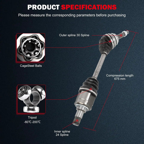Beefy Front Left CV Axle Drive Shaft for Toyota Highlander 2011-2016, Lexus RX350 2010-2015, RX450h 2011 FWD, Venza 2009-2015 AWD and FWD, 2.7L L4, 3.5L V6, Exact Fit Replacement, OE-Grade Durability. Specifications view showing 675 mm length and 30/24 splines.
