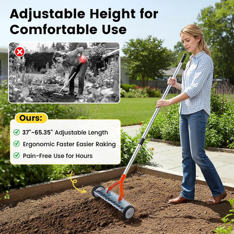 Woman using Wheeled Thatch Rake For Moss And Leaves, Adjustable Dethatching Roller With 0 To 12 Degree Angle, 37 To 65 Inch Handle