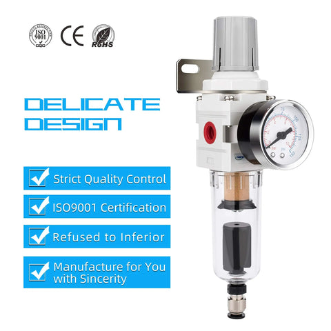 Air Filter Regulator Combo With Auto Drain For Pneumatic Systems, 5 Micron Brass Element, Poly Bowl, Metal Bracket, 0-150 PSI Gauge