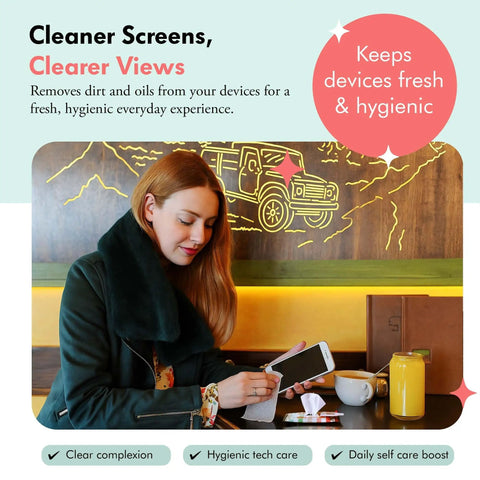 Woman using Tech And Lens Wipes For Eyeglasses Screens And Phones On The Go Streak Free Lint Free Pre Moistened Multi Surface Cleaner