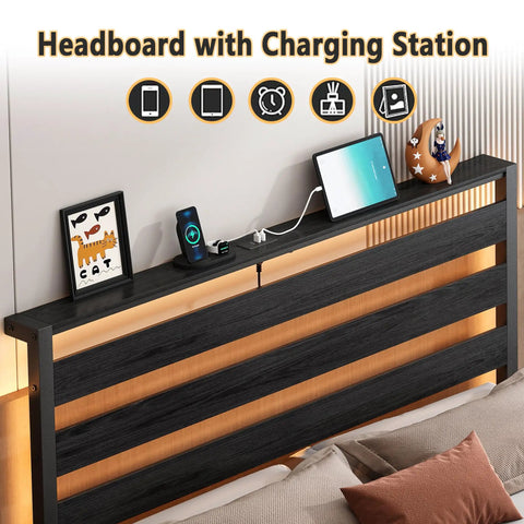 Headboard with charging station, featuring USB ports for devices, part of 14 Inch Full Size Metal Platform Bed Frame.