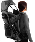 Side view of Outdoorsy Hiking Baby Carrier Backpack For Safe Comfortable Toddler And Baby Transport with sun hood and padded seat