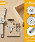 2 Pack Adjustable Lid Stay Hinges For Small Wooden Boxes And Chests, Zinc Alloy Soft Close Anti Slam Hinges, Built To Last 50lb Per Pair Lid Support For Storage Cabinets And DIY Projects, shown with included installation hardware on wood table