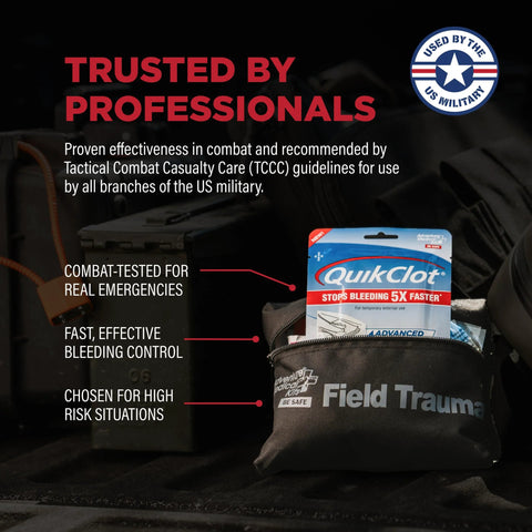 QuikClot Advanced Clotting Gauze, 3 x 24, in a black Field Trauma first-aid pouch