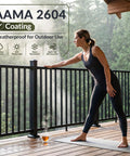 Modular Aluminum Deck Railing Kit Delivering Next Level Wobble Free Construction And Top Shelf IBC ASTM Certified Protection For Decks Patios And Stairs Featuring Tight Baluster Spacing For Serious Home Safety And Fast Weekend Install displayed on a deck with a woman in yoga pose.