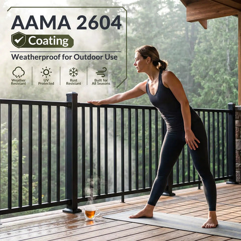 Modular Aluminum Deck Railing Kit Delivering Next Level Wobble Free Construction And Top Shelf IBC ASTM Certified Protection For Decks Patios And Stairs Featuring Tight Baluster Spacing For Serious Home Safety And Fast Weekend Install displayed on a deck with a woman in yoga pose.