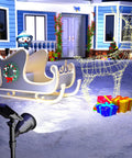 Solar Powered Outdoor Spot Lights 600LM Waterproof Flood Lights illuminating holiday decor with sleigh and reindeer in yard