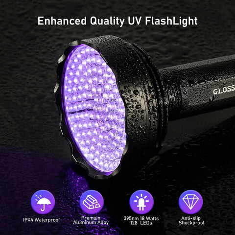 Close-up of Ultra Bright 128 LED UV Blacklight Flashlight with aluminum body and illuminated lens, showing waterproof feature symbols.