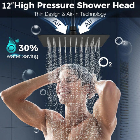 Person under 12 Inch Rain Shower Head with Adjustable Extension Arm All Metal 304 Stainless High Pressure Rainfall Shower Head