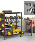 Rolling Power Tool Storage Cart For Garage And Shop, 4-Tier Drill Organizer With Slots For 12 Drills, tools displayed on cart