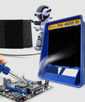 Portable Soldering Fume Extractor Anti ESD Smoke Absorber with Activated Carbon Filter, blue housing, removing fumes during soldering.