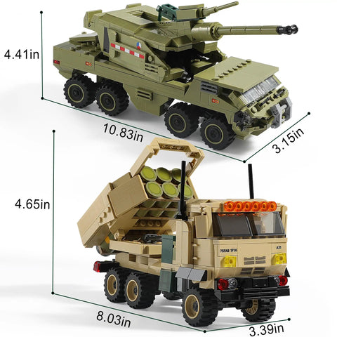 Military Vehicle Building Kit Dual M142 HIMARS And Dana M2 Howitzer Army Truck Models with poseable wheels and movable doors
