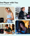 Collage of people using Bluetooth MP3 Player With Auto Reconnect 5.4 for listening while cooking, commuting, studying, and sleeping.
