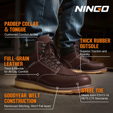 Six Inch Waterproof Moc Toe Steel Toe Work Boots For Men With Full Grain Leather Oil And Slip Resistant EH Protection