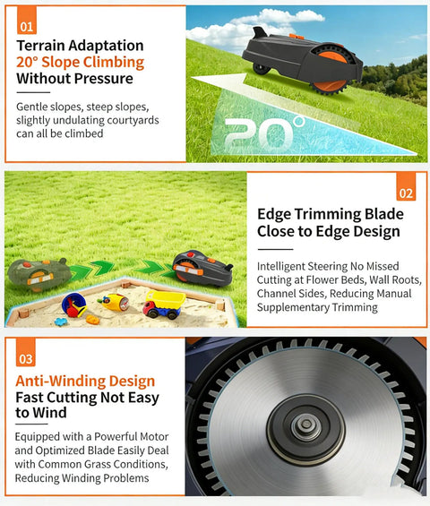 Hands-Free Smart Robotic Lawn Mower For Effortless Yard Care Without Boundary Cables On 300 Sq M features terrain adaptation and anti-winding design