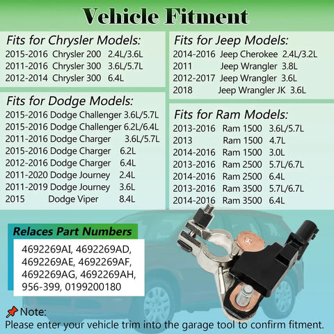 Premium Durability Direct Bolt Fit Battery Current And Voltage Sensor For Dodge Charger Ram 1500 Jeep Wrangler Chrysler 300 fitment chart.