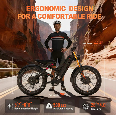 Heavy Duty 5600W Dual Motor Electric Bike For Adults 60V 80Ah Long Range Battery Up To 250 Miles 26X4 Fat Tire Full Suspension Ebike 50Mph with ergonomic design and specifications.