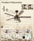 52 Inch Oil Bronze Farmhouse Ceiling Fan With Light And Remote in room setting with dimensions and installation options.