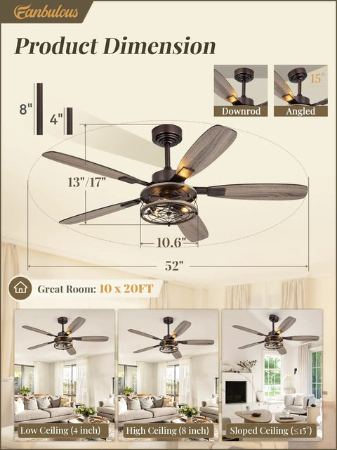 52 Inch Oil Bronze Farmhouse Ceiling Fan With Light And Remote in room setting with dimensions and installation options.