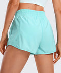 Turquoise High Rise Running Shorts With 2.5 Inch Inseam Built In Mesh Liner Feathery Fit Soft Fabric Quick Dry Stretchy Elastic Waistband