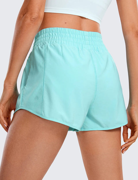 Turquoise High Rise Running Shorts With 2.5 Inch Inseam Built In Mesh Liner Feathery Fit Soft Fabric Quick Dry Stretchy Elastic Waistband