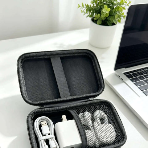 Hassle Free Waterproof Cable Organizer Pouch With Plush Velvet Interior keeps your gear secure. Mini tech case for chargers and earbuds.