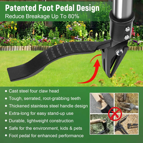Foot pedal design of the 46 Inch Stand Up Weed Puller Tool, 4 Claw Weeder With Adjustable Handle with descriptions of features and benefits