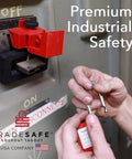 Person installing Three Pack Clamp On Circuit Breaker Lockout Device For 480 To 600 Volt Systems, red clamp on breaker