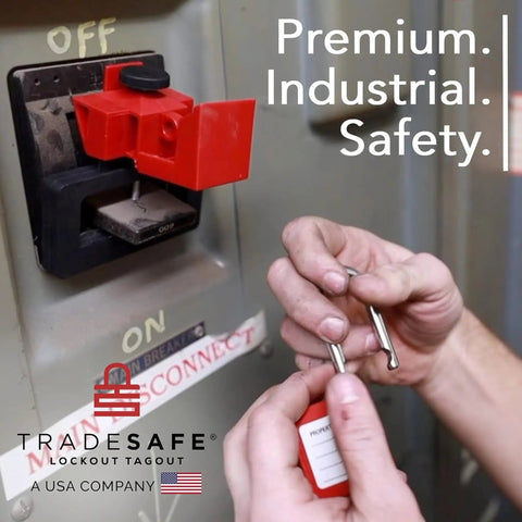 Person installing Three Pack Clamp On Circuit Breaker Lockout Device For 480 To 600 Volt Systems, red clamp on breaker