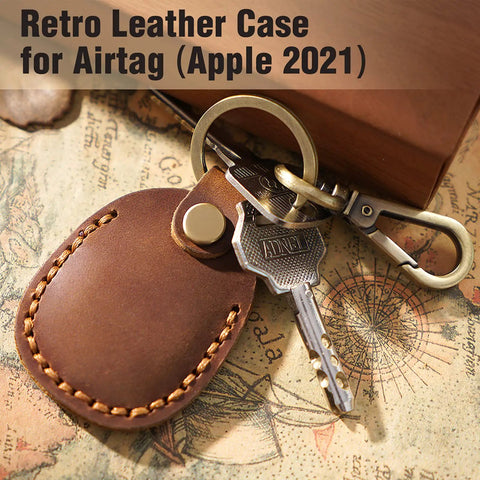 Premium Handmade Genuine Leather AirTag Holder And Keychain With Heavy Duty Rings Protective Case Compatible With Apple AirTags First And Second Gen Straight Up Solid Brown on a vintage map.