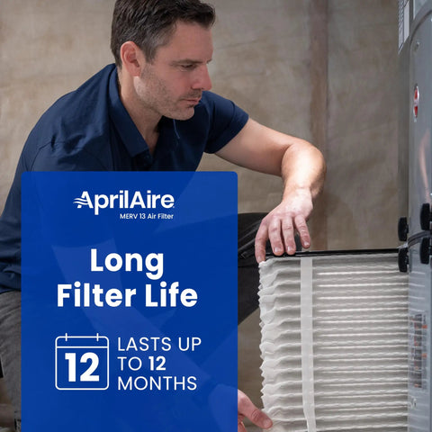 Man installing 513 Replacement Filter For Whole House Air Purifiers, MERV 13, Pack Of 2, Fits Model 1510 And 2516.