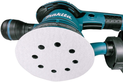 Power sander with attached 5-inch disc from Multi Grit 30 Piece Five Inch Random Orbit Sanding Disc Set With Eight Hole Hook And Loop