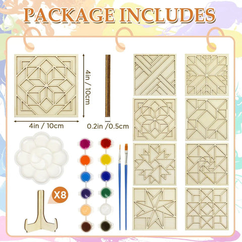 Wooden Coaster Painting Kit With Wood Stand for Adults Teens and Seniors Barn Quilt Pattern, 8 coasters, paints, brushes included.