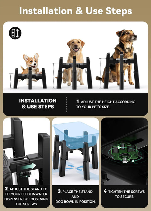 Pawfect Dog Water Dispenser Stand With A Massive 5 Liter Stainless Steel Bowl Crafted For Large Breed Dogs installation steps with adjustable black frame.