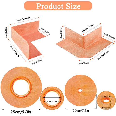Eight Piece Pro Grade Waterproof Shower Seal Kit showing product sizes and dimensions for seamless bathroom waterproofing