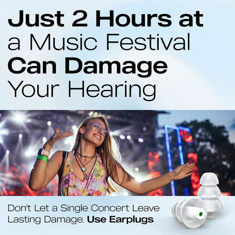 Music festival with woman dancing, text warning about hearing damage, and High Fidelity Ear Plugs for Musicians and Club Goers Reusable Noise Cancelling Ear Protection Up to 29dB NRR Discreet Yet Powerful for Concerts Drummers DJs and Clubbing Comfortable Invisible Fit in view.