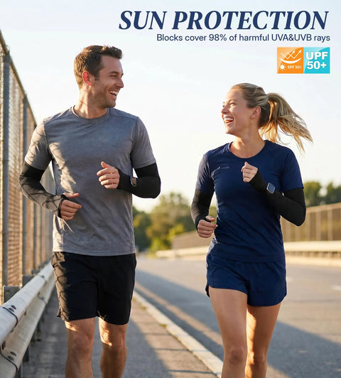 Keep Your Arms Shaded And Locked In With These Adjustable UV Sun Sleeves Featuring A Handy Watch Cutout Thumb Loop And Anti Roll Closure For Effortless Cooling On Every Road Journey for runners.