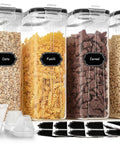 4L Cereal Storage Set With Airtight Containers And Lids, 4 Pack Pantry Organizer With Pour Spouts Measuring Cup Labels And Marker shown filled with cereals and pasta