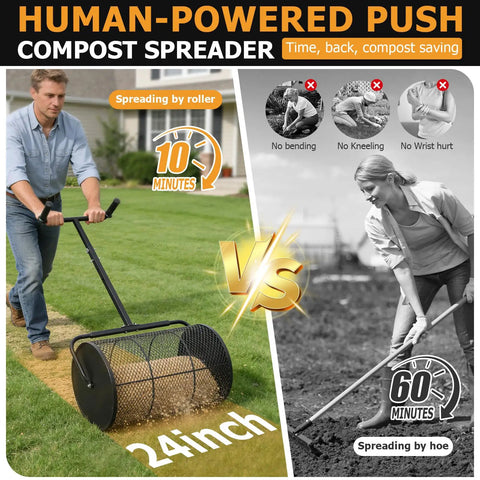Man using Compost Spreader 24 Inch Wide Peat Moss Spreader With U Shaped Handle on a lawn, highlighting efficient usage.