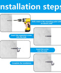 Installation steps for White Wire Shelf Brackets With Mounting Hardware Heavy Duty Closet Clips showing drilling and screwing process.