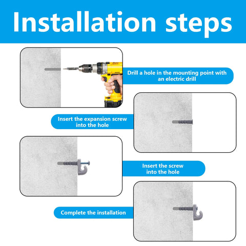 Installation steps for White Wire Shelf Brackets With Mounting Hardware Heavy Duty Closet Clips showing drilling and screwing process.