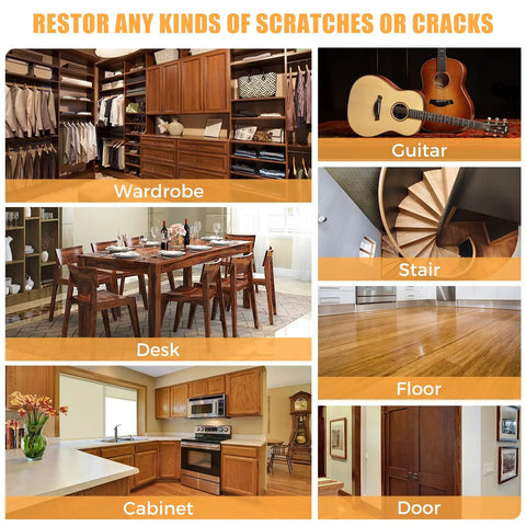 Hella Effective 41 Piece Wood Furniture Repair Kit And Laminate Floor Scratch Fix Set Featuring Premium Touch Up Markers Plus Wood Filler For Quick Crack And Hole Restoration displayed on various furniture including wardrobe, desk, and cabinet.