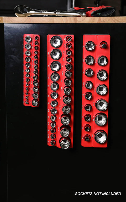 Red Magnetic Socket Organizer Set For One Quarter, Three Eighths, And One Half Inch Drives Keeps Your Tool Box Tidy And Ready