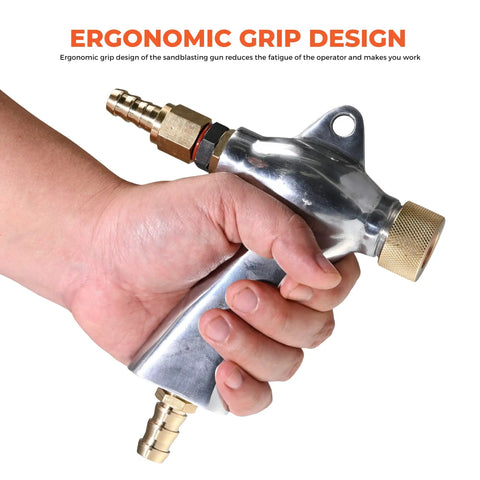 Hand holding Pro Grade Sand Blaster Kit With Aluminum Alloy Body, Sandblasting Gun For Metal And Glass, ergonomic grip design