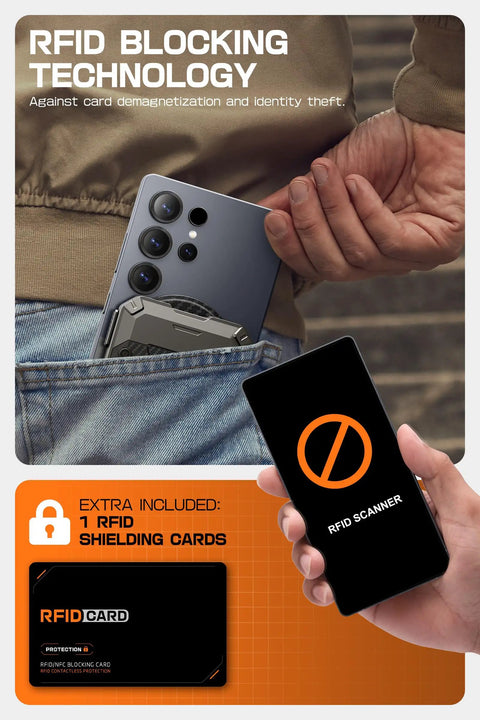 MagSafe Wallet With Five Card Slots, RFID Blocking, and Adjustable Stand shown with phone and RFID scanner