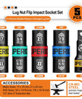 Half Inch Drive Lug Nut Impact Socket Set 5 Piece Thin Wall Flip Sockets With 3 Inch Extension Bar Laser Etched Size Markings